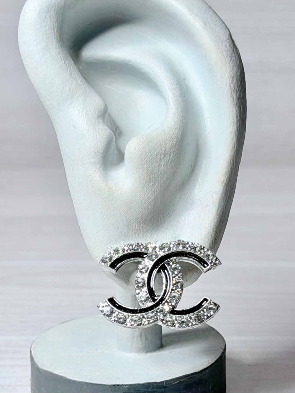 CC Silver Crystal and black Logo Pair of Stud Earrings - Silver